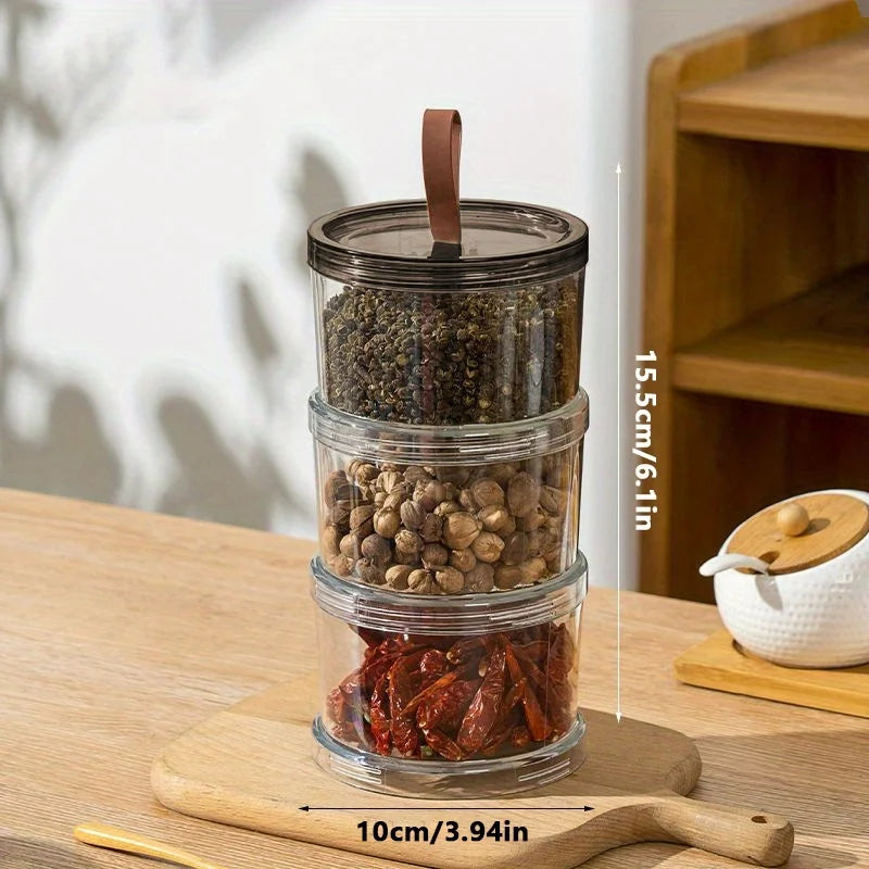 2Pcs Three-Layer Round Spice Storage Box, Grain Storage Jar, Pepper And Seasoning Container, Multi-Layer Transparent Sealed Preservation Box, Made of Food-Grade Material, Reusable Container, Suitable for Grains, Cereals, Snac