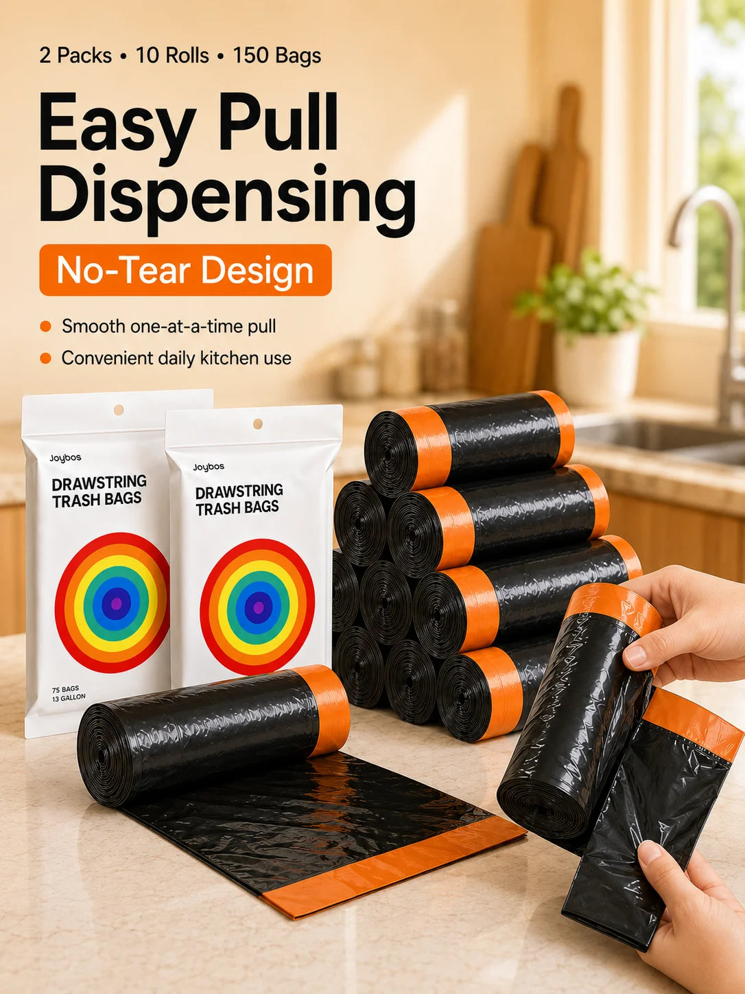 Joybos Easy Pull Drawstring Trash Bags, 2 Packs 150 Count