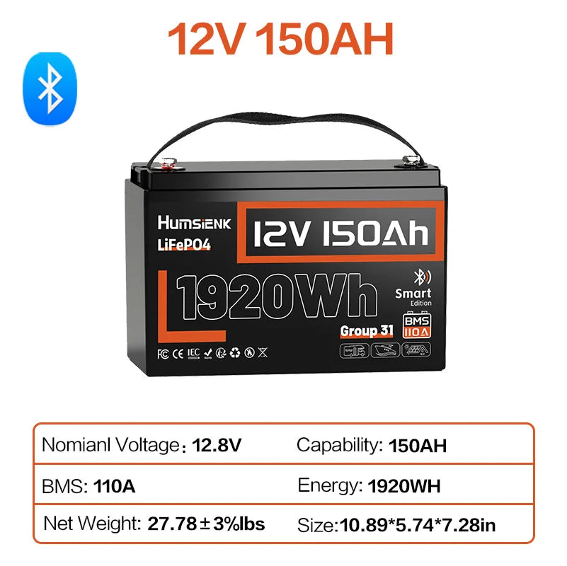 Humsienk 12V 100Ah 150Ah 320Ah 314Ah 640Ah LiFePO4 Rechargeable Lithium Battery Built-in BMS For RV /Camp/ Solar Energy Storage