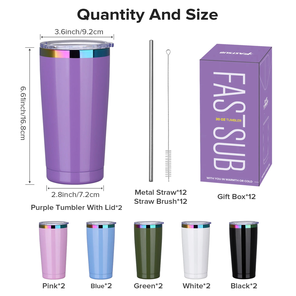 12 Pack 20 oz Stainless Steel Tumblers Bulk, Insulated Travel Cup with Lid, Fit Laser Engraving, Car Cupholder (Assorted Colors)