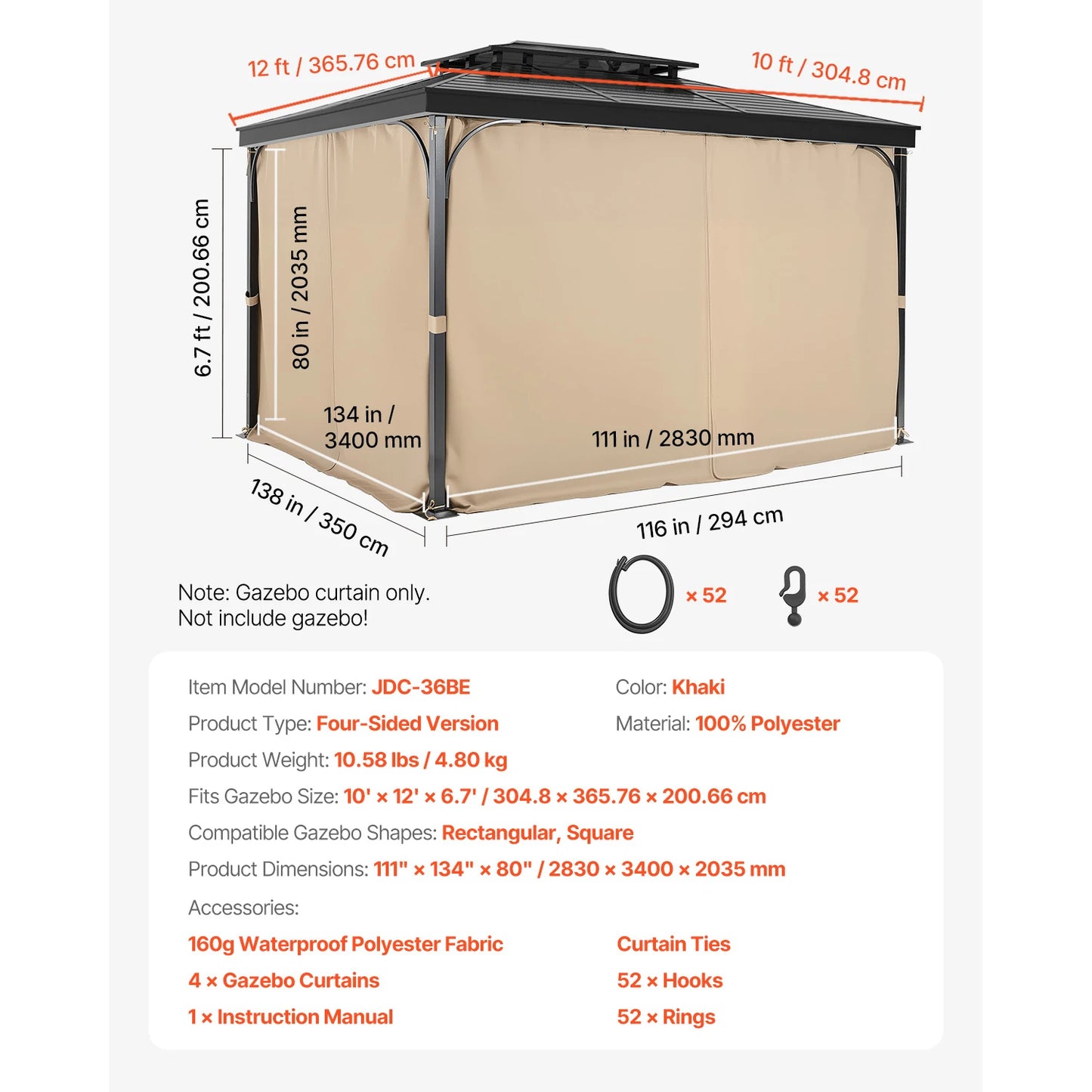 SucceBuy Gazebo Curtains 4-Panel Sidewall Gazebo Privacy Curtains with Zippers Universal Sunshade Curtains Replacement for Patio