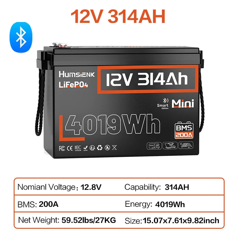 Humsienk 12V 100Ah 150Ah 320Ah 314Ah 640Ah LiFePO4 Rechargeable Lithium Battery Built-in BMS For RV /Camp/ Solar Energy Storage