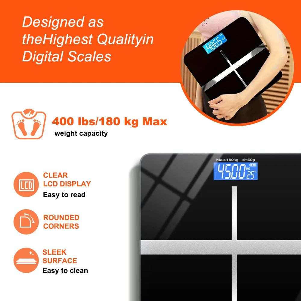 ZNLYRION Digital Bathroom Scale 180kg 396lb Electronic Body Weight Scale with LCD Display Tempered Glass Platform High Precision Sensor